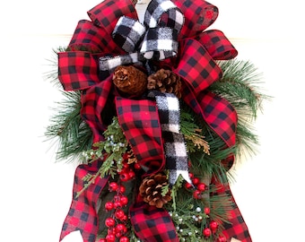 Christmas Swag, Farmhouse Christmas Swag, Rustic Christmas Swag, Christmas Décor, Wreath, Buffalo check Wreath, 32 inch teardrop swag