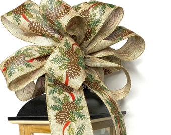 Christmas Pinecone burlap bow for wreaths, Christmas bow for decorating, tree topper, wreath bow, mantle bow, lantern bow, gift bow