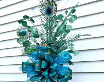 Peacock Christmas Tree Topper,  Green, Ribbon tree topper, Peacock feathers bow with streamers