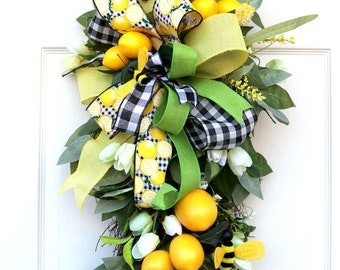 Butin de citron pour porte d'entrée, cadeau de fête des mères, couronne de printemps de porche, décoration d'été, couronne de citron de cuisine, décoration murale de ferme, décoration champêtre