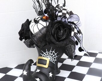 Black and White Halloween Witch Boot Arrangement, Halloween party table decorations, Halloween decor, halloween table centerpiece