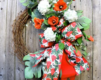 Oversized Watermelon Wreath, Summer Door Decor, Tropical Greenery & Poppies
