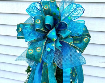 Peacock Christmas Tree Topper, Extra large Ribbon tree topper, Peacock feathers bow with streamers, Blue green big bow for tree