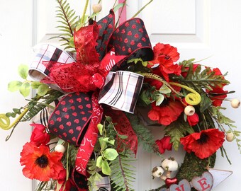 Valentine Wreath, Garden wreath, Love wreathe, Valentine Decor, wall decor, poppies, wreath for front door, xl moss wreath