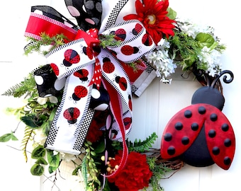 Mother’s Day Wreath, spring Wreath, Summer Wreath, Lady bug Wreath, Wreath for Front door, Everyday wreath, Grapevine wreath