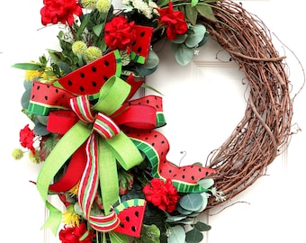 Watermelon Wreath, Summer Front Door Decor, Red Geraniums, Greenery, Designer Bow