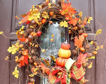 Farmhouse Fall Pumpkin Wreath with Wired Ribbons