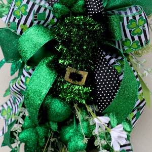 St. Patrick's Day Wreath, St. Patty's Day Swag, St. Patrick's Day Decor, Shamrock Wreath, Spring Wreath, Front Door teardrop swag, green image 3