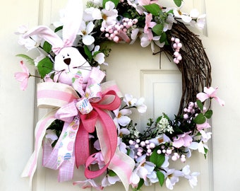 Easter Bunny Wreath for front door, Spring wreath, Easter Decor, Easter Wreath, Porch decor, Pink white Easter Spring Wall decorations