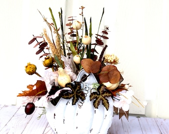 Farmhouse Fall Centerpiece, White Pumpkin Basket, Autumn Harvest Decor