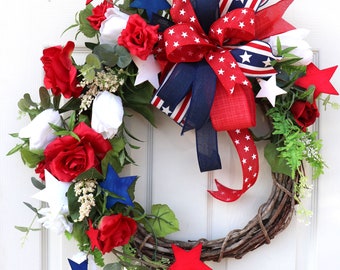Large Patriotic Wreath for Front Door, Fourth of July Decor, Porch Decor, Memorial Day Front Door Wreath, Red White Blue decorations