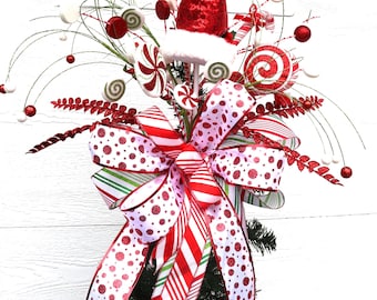 Whimsical Christmas Tree Topper, Santa Hat, Candy Theme