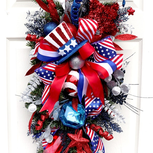 XL Patriotic 4th of July Wreath, Extra Large Red, white and Blue swag for front door, Americana Swag, Red and Blue gems, Independence Day