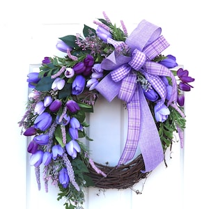 Purple wreath for front door, Spring wreath, Purple tulip wreath for front door, Front porch decor, Purple and lavender flowers, wall decor