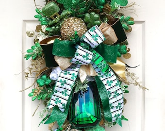 XL St. Patrick’s Day Wreath, Extra Large Gold, Green, Shamrock swag for front door, Front Door Swag, Green gem, Irish decor