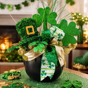 St. Patrick's Day Pot of Gold Centerpiece, Shamrock Table Decorations, Leprechaun Hat Floral Arrangement