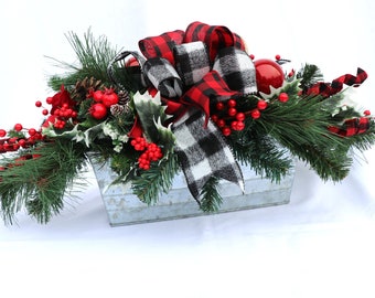 Farmhouse Christmas Centerpiece, Buffalo Plaid Holiday Table Decor