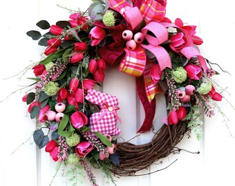 Large Easter Wreath, Hot Pink Tulips, Easter wall decor, Spring Decor, Bunny Rabbit decorations everyday wreath for front door