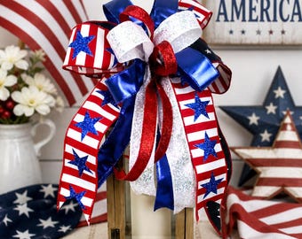 Patriotic Lantern Bow, Red White Blue Stars Stripes Ribbon Accent