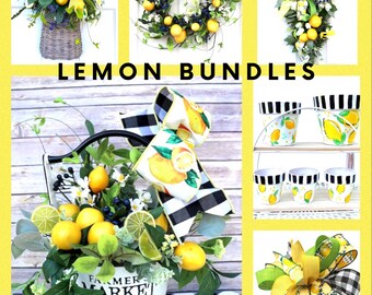 Mother’s Day gifts, Lemon Decor Bundle, Spring wreath front door, Front Door lemon basket wreaths, Spring front door swag, lemon pots, bows