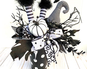 Black and White Halloween table arrangement, witch boots, witch hat pumpkins, Pumpkin centerpiece, Halloween Party table centerpiece