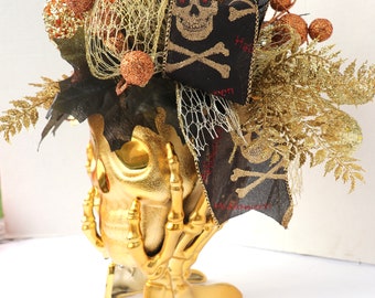 Halloween Arrangement, Skull centerpiece, Gold and Black  halloween party decorations, skeleton hands, spooky arrangements, skeleton