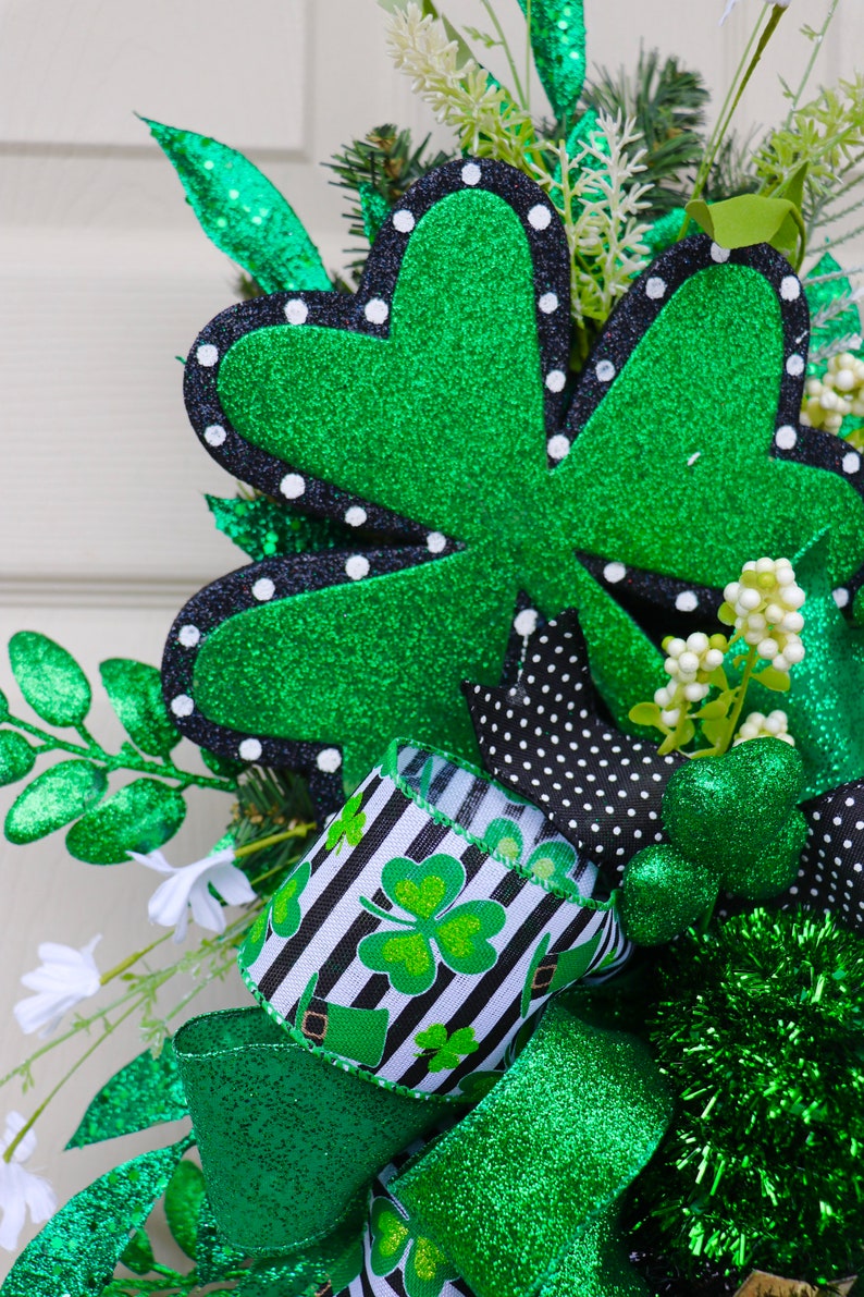 St. Patrick's Day Wreath, St. Patty's Day Swag, St. Patrick's Day Decor, Shamrock Wreath, Spring Wreath, Front Door teardrop swag, green image 4