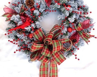 Christmas Wreath for front door , Holiday wreath, woodland wreath, Christmas decor, xmas wreath, Christmas decorations, plaid bow, cardinals