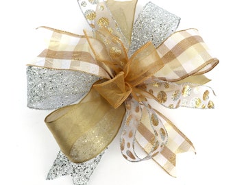 Gold Silver Christmas bow for wreaths, mantle bow, lantern bow, holiday decoration, Tree topper, Silver white Christmas gift bow