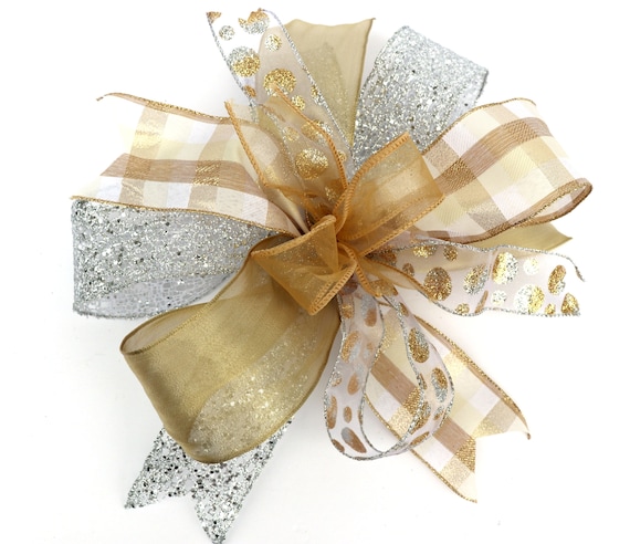 Gold Silver Christmas bow for wreaths, mantle bow, lantern bow, holiday decoration, Tree topper, Silver white Christmas gift bow