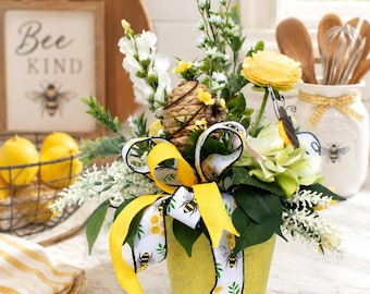 Bumble Bee Wildflower Arrangement, Kitchen Centerpiece, Spring Summer Table Decoration