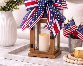Patriotic Lantern Bow, Red White Blue Stars Stripes Ribbon, Americana Decor Accent