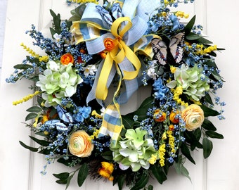 Spring Wreath for Front Door, Mother’s Day Gift, Yellow and Blue butterfly Decor, wall decor, everyday wreath for front door, 22 inch