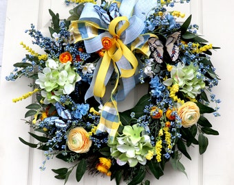 Summer Butterfly Wreath, Blue and Yellow Floral Door Decor (22 inch)