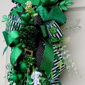 St. Patrick's Day Wreath, St. Patty's Day Swag, St. Patrick's Day Decor, Shamrock Wreath, Spring Wreath, Front Door teardrop swag, green image 8