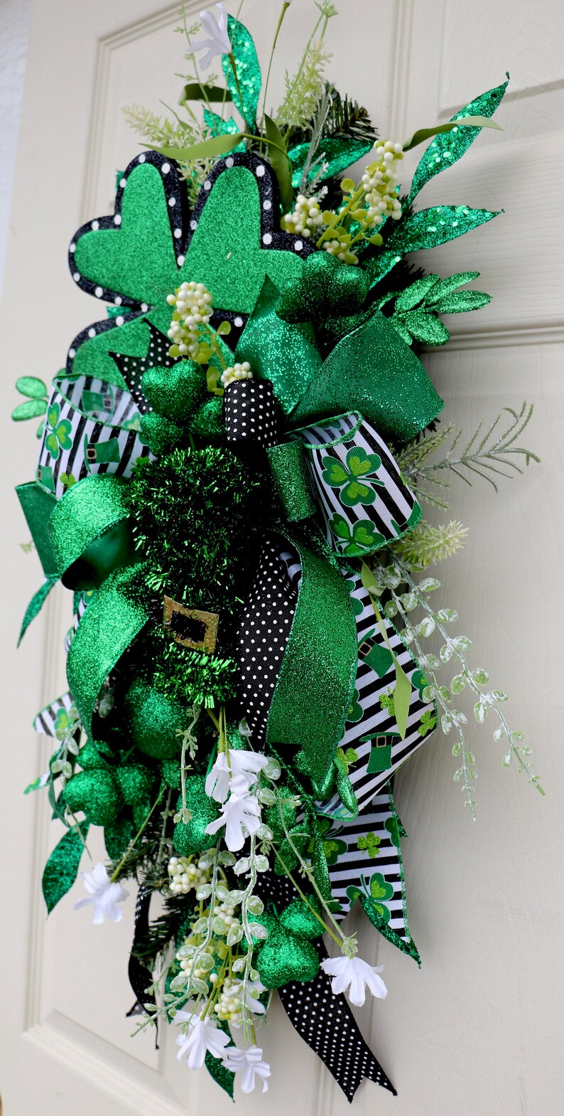 St. Patrick's Day Wreath, St. Patty's Day Swag, St. Patrick's Day Decor, Shamrock Wreath, Spring Wreath, Front Door teardrop swag, green image 8