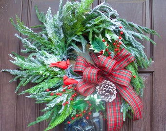 Cardinal Christmas Wreath, Flocked Pine, Plaid Bow
