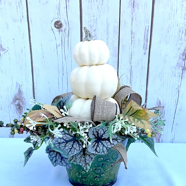 White Pumpkin Topiary, Fall farmhouse stacked pumpkins arrangement, Fall centerpiece table decorations, Thanksgiving table centerpiece