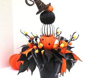 Halloween table arrangement, Stacked Black Orange and white pumpkins, Pumpkin topiary centerpiece, Halloween Party table centerpiece