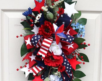 Patriotic Swag for front door, Mother’s Day Gift, Red White Blue decor, Fourth Of July, Spring Porch Wreath, Summer Americana decor