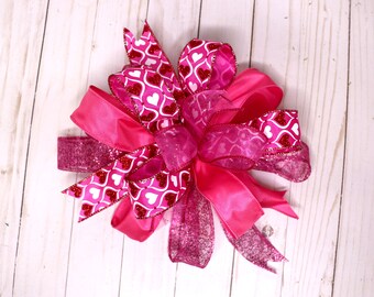 Easter basket bow, Hot Pink Hearts bow for wreaths, mantle bow, lantern bow, holiday decoration, gift bow, Spring decorations, bridal shower