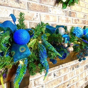 Peacock Garland Christmas Mantle, fireplace garland, Stair Railing decor, Over the door Swag, Fireplace mantle pine garland, Various lengths image 9