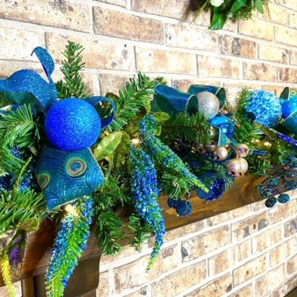 Peacock Christmas Garland for mantle, fireplace garland, Stair Railing decor, Over the door Swag, Fireplace mantle pine garland