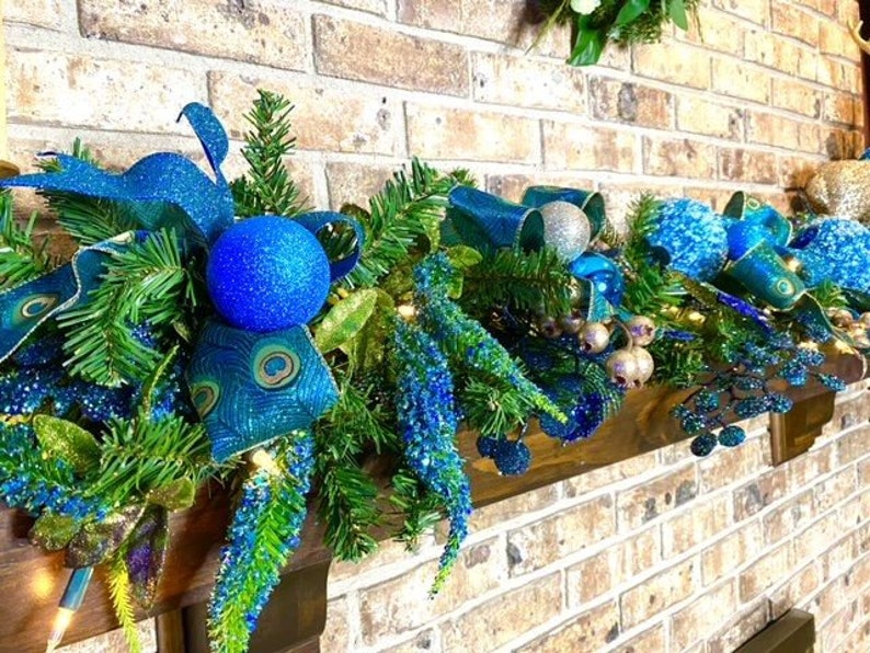 Peacock Garland Christmas Mantle, fireplace garland, Stair Railing decor, Over the door Swag, Fireplace mantle pine garland, Various lengths image 9