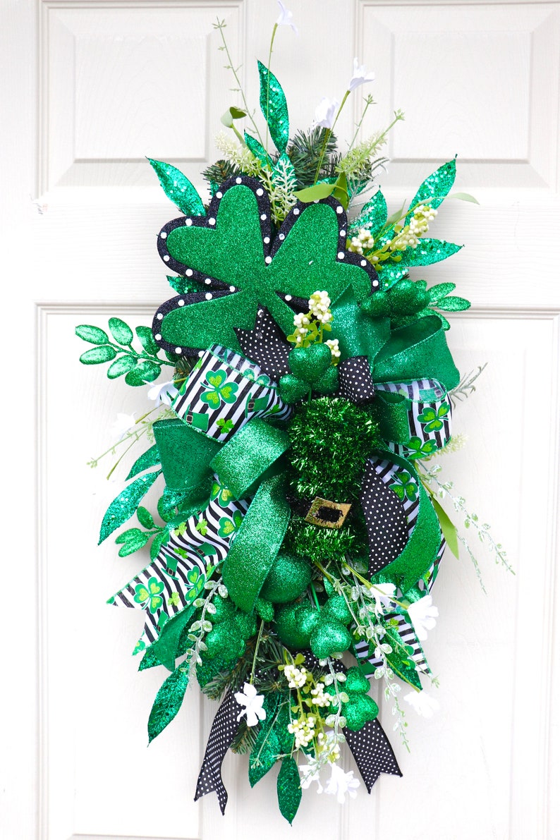 St. Patrick's Day Wreath, St. Patty's Day Swag, St. Patrick's Day Decor, Shamrock Wreath, Spring Wreath, Front Door teardrop swag, green image 1