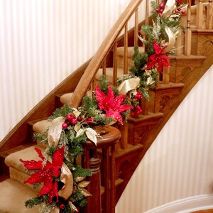 Christmas Mantle Garland, Red Poinsettia and Gold Garland, Fireplace ...