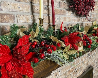 Red Poinsettia Christmas Garland, Gold Glittered Leaves, Fireplace Mantle Decor