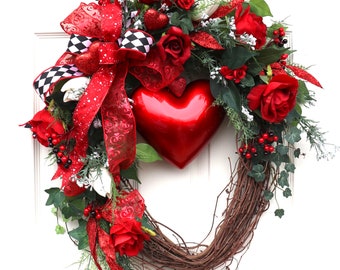 Valentine's Day Wreath, Candy appple red Hearts, Winter door Swag, Valentine Decor, wall decor, Roses, wreath for front doorgift
