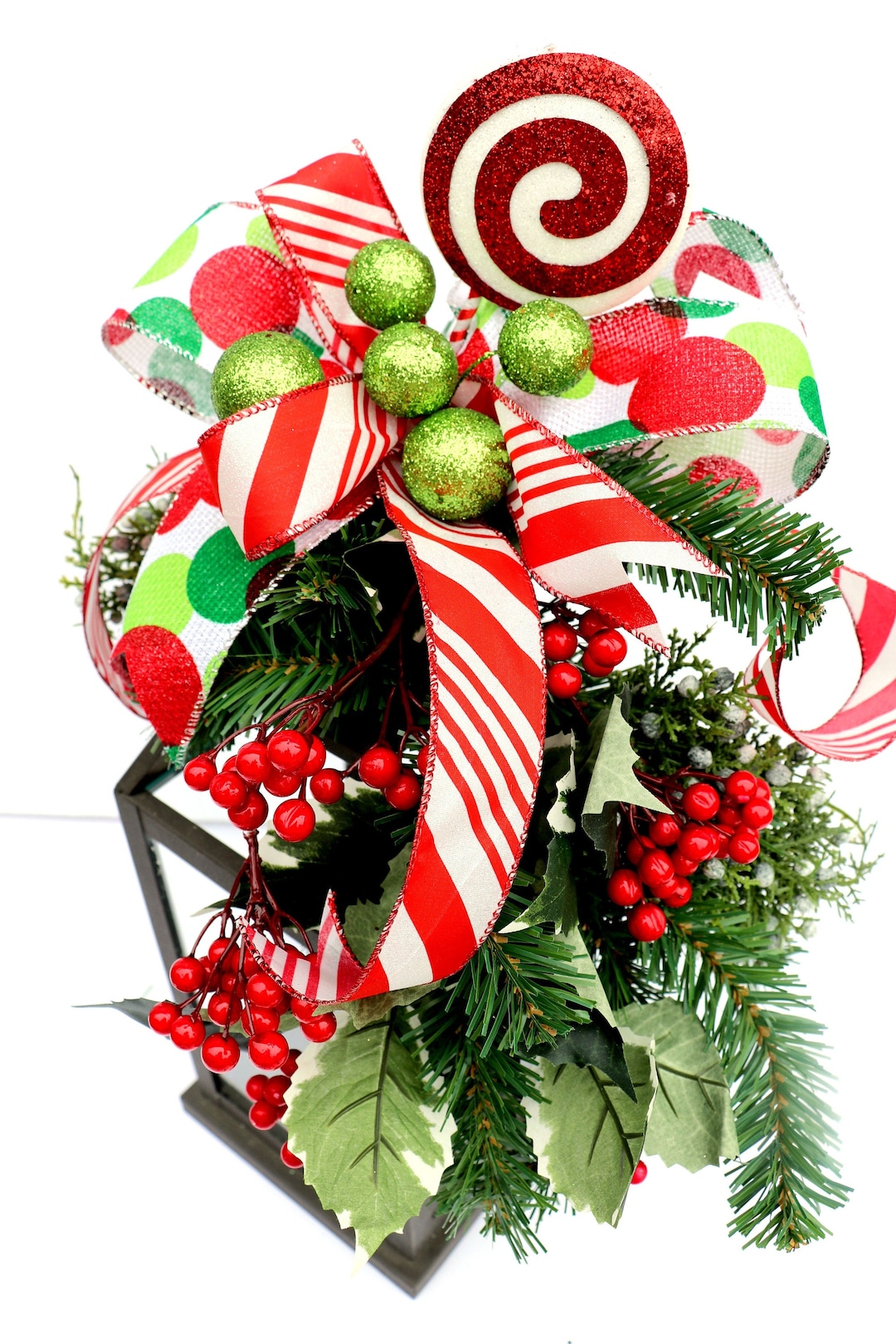 Christmas Lantern Swag, Red White Green, Peppermint Candy Bow, Bow With