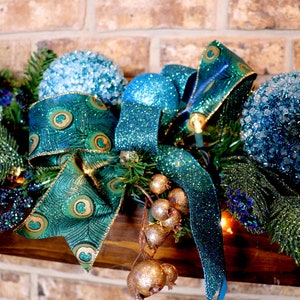 Peacock Garland Christmas Mantle, fireplace garland, Stair Railing decor, Over the door Swag, Fireplace mantle pine garland, Various lengths image 4